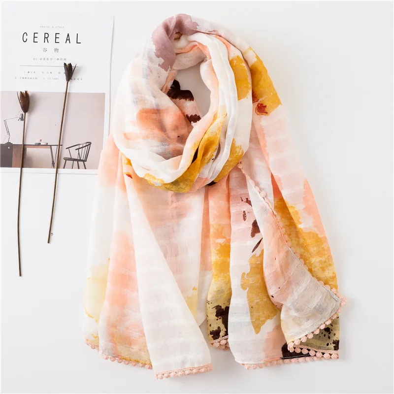 Wholesale Custom Floral Print Women Hijab Linen Cotton Scarf With Tassel