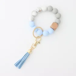 Amazon new bracelet key ring food grade silicone beads bracelet leather tassel wooden beads key chain for women