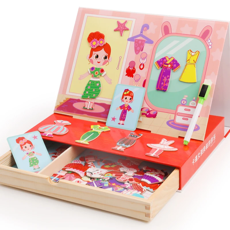 Creative diy magnet book fun dress up girl baby educational toys wooden magnetic children puzzle