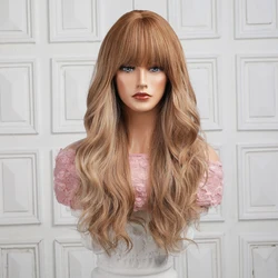 Wholesale Ombre Brown Wig with Bangs Synthetic Hair Wigs for Women Long Wavy Heat Resistant Synthetic Wigs