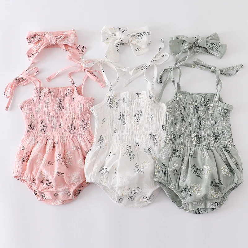 summer pink delicate baby girl infant jacquard cotton floral printing romper matching headband one-piece