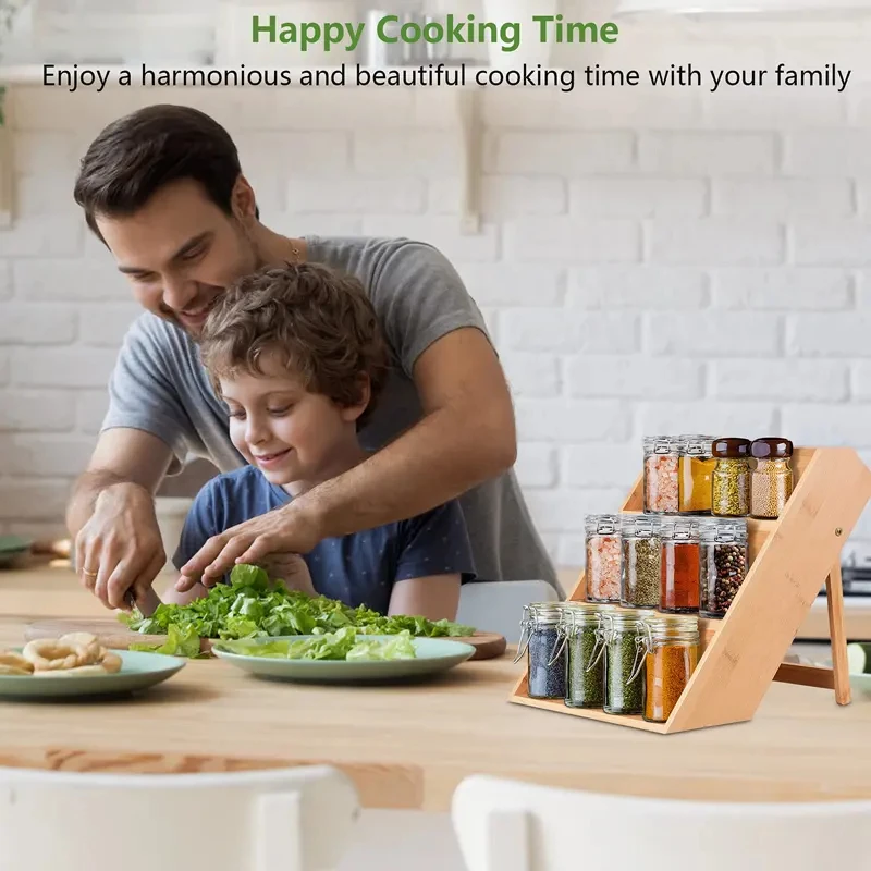 3 Tier Kitchen Bamboo Spice Jar Organizer Kitchen Counter Top Standing Seasoning Organizer Shelf Bamboo Bins