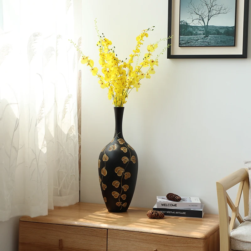 Best Selling luxury Tall Long Neck Leaf Pattern Floor  Black Resin Vase