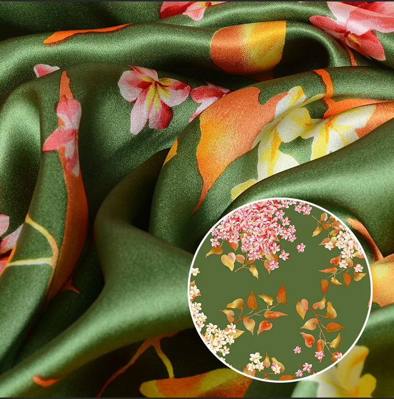 
chinese pattern elegant floral print crepe satin pure silk satin fabric for wedding dress 