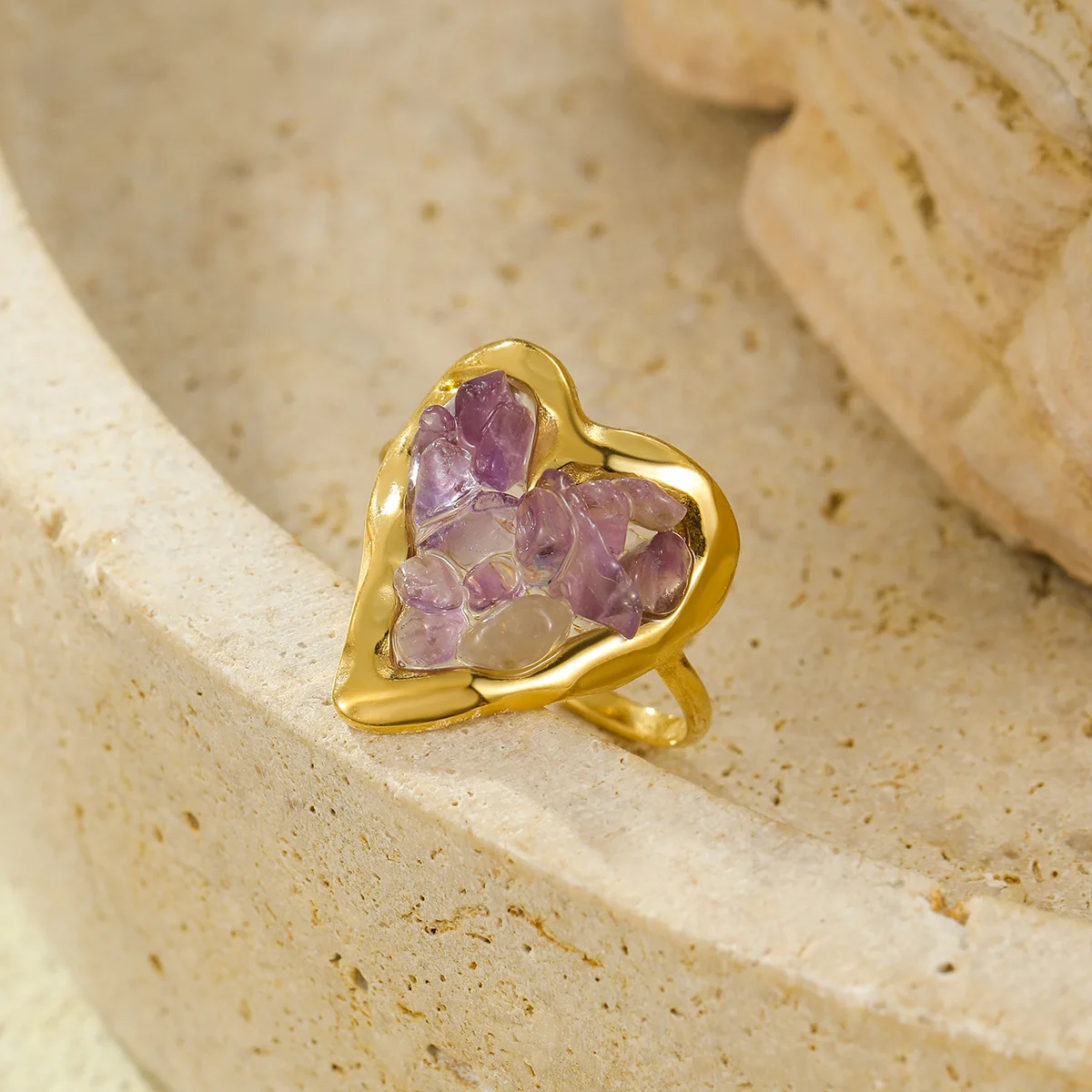 Women Rough Amethyst Rose Quartz Rings Wholesale Natural Crystal Jewelry Adjustable 18K Gold Plated Love Heart Stone Rings