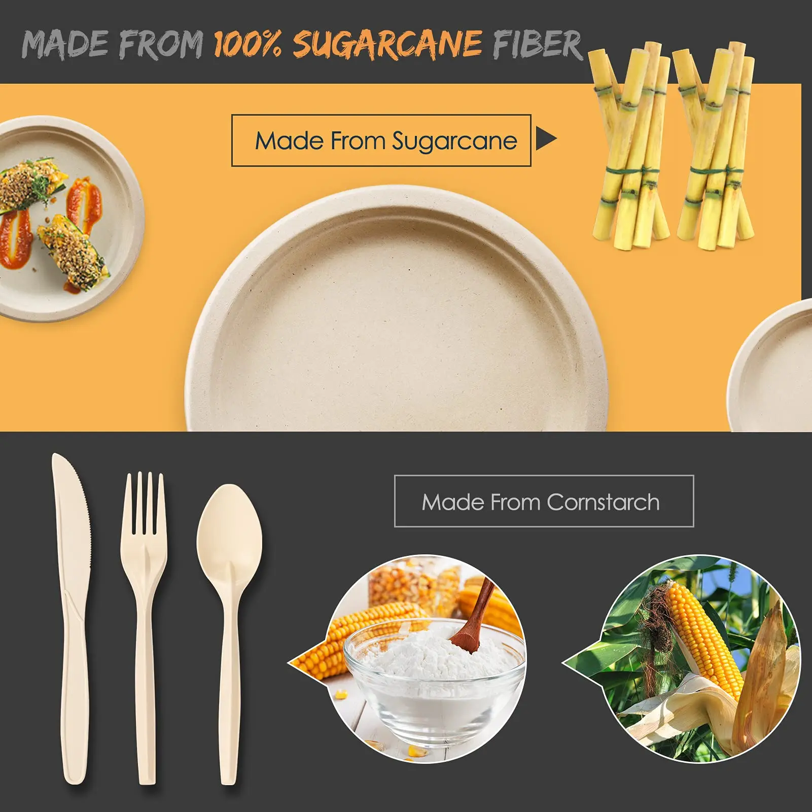 Disposable spoon and fork set With napkin and cutlery set party paper sugarcane fiber plates sets dinnerware dispos