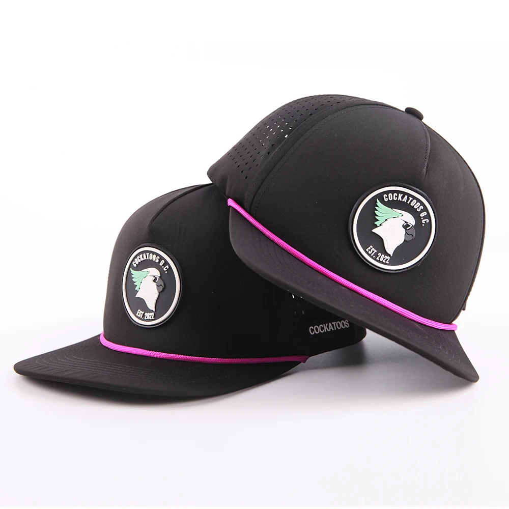 Custom 5 Panel Rubber Patch label Flat Bill Hip Hop Snapback Caps,Waterproof Laser Cut Hole Perforated Hat