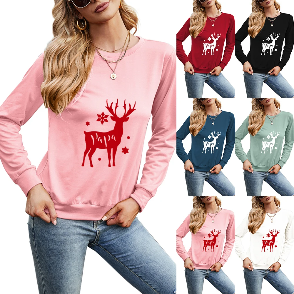Multicolor Plus Size O-Neck Long Sleeve Christmas Elk Print T-Shirt Christmas Costume