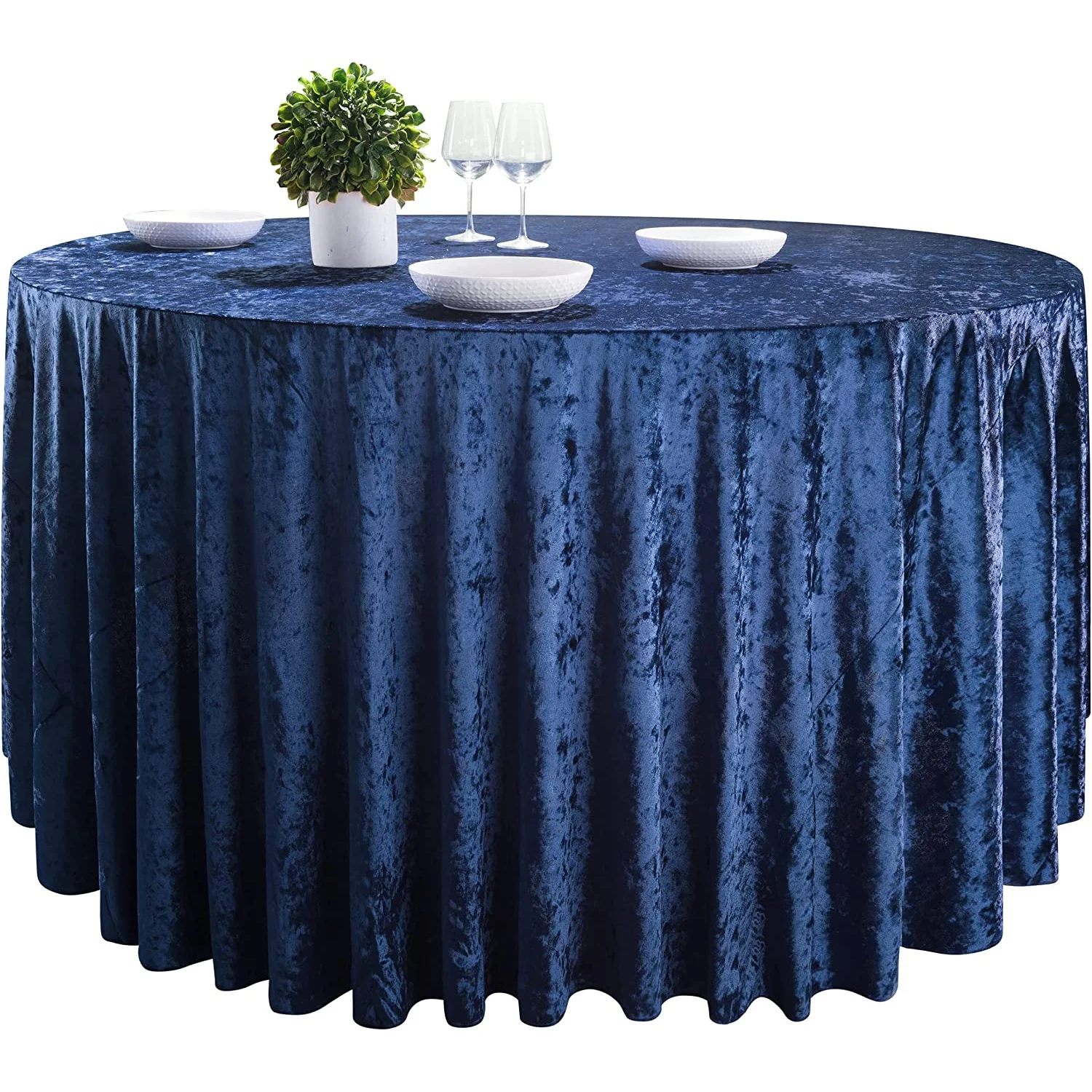 Customized 90 Inch Navy Champagne Luxury Soft Round Velvet Tablecloth for Wedding Events
