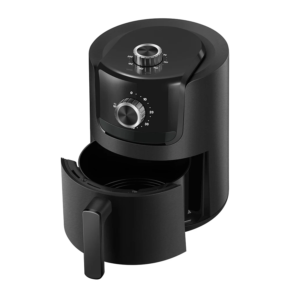 900W 2L Knob Control Multifunctional Electric Non-stick Air Fryers PTFE Round Oven Wi Fryers Oven with Mechanical Timer Black