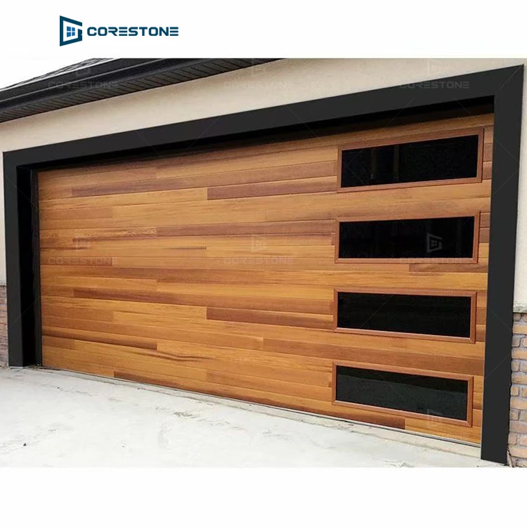 Custom Flush Panel Steel with a Natural Wood-Grain Texture Garage Door and Vertical Windows Contemporary Planks Garage Doors