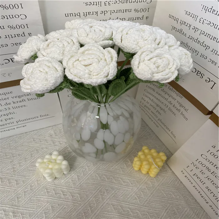 SYNew 40CM Crochet Flowers With Stems Roses With Leaves And Greenery For DIY Wedding Bouquets Centerpieces Home Dedication
