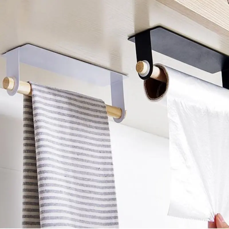 Bathroom Wood Towel Hanger Rack Bar Kitchen Cabinet Cling Film Rag Hanging Holder Organizer Toilet Roll Paper Holder Shelf