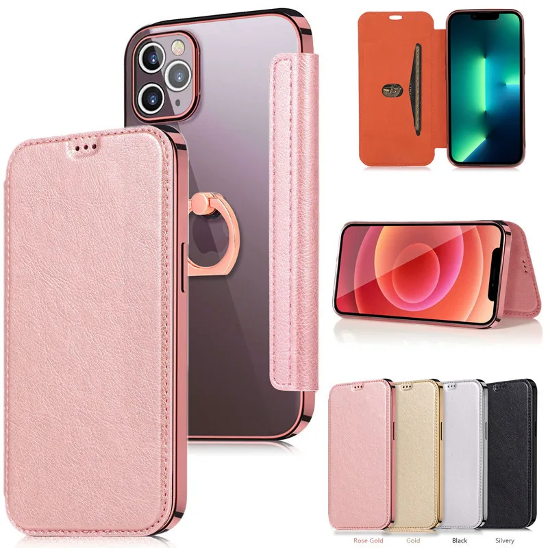 flexible TPU plating ring phone case for iphone 12 PU leather flip phone case