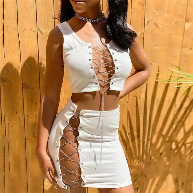 
D8388-hot summer clothing women lace up 2 piece set crop top t skirt sets women 2 piece outfits 