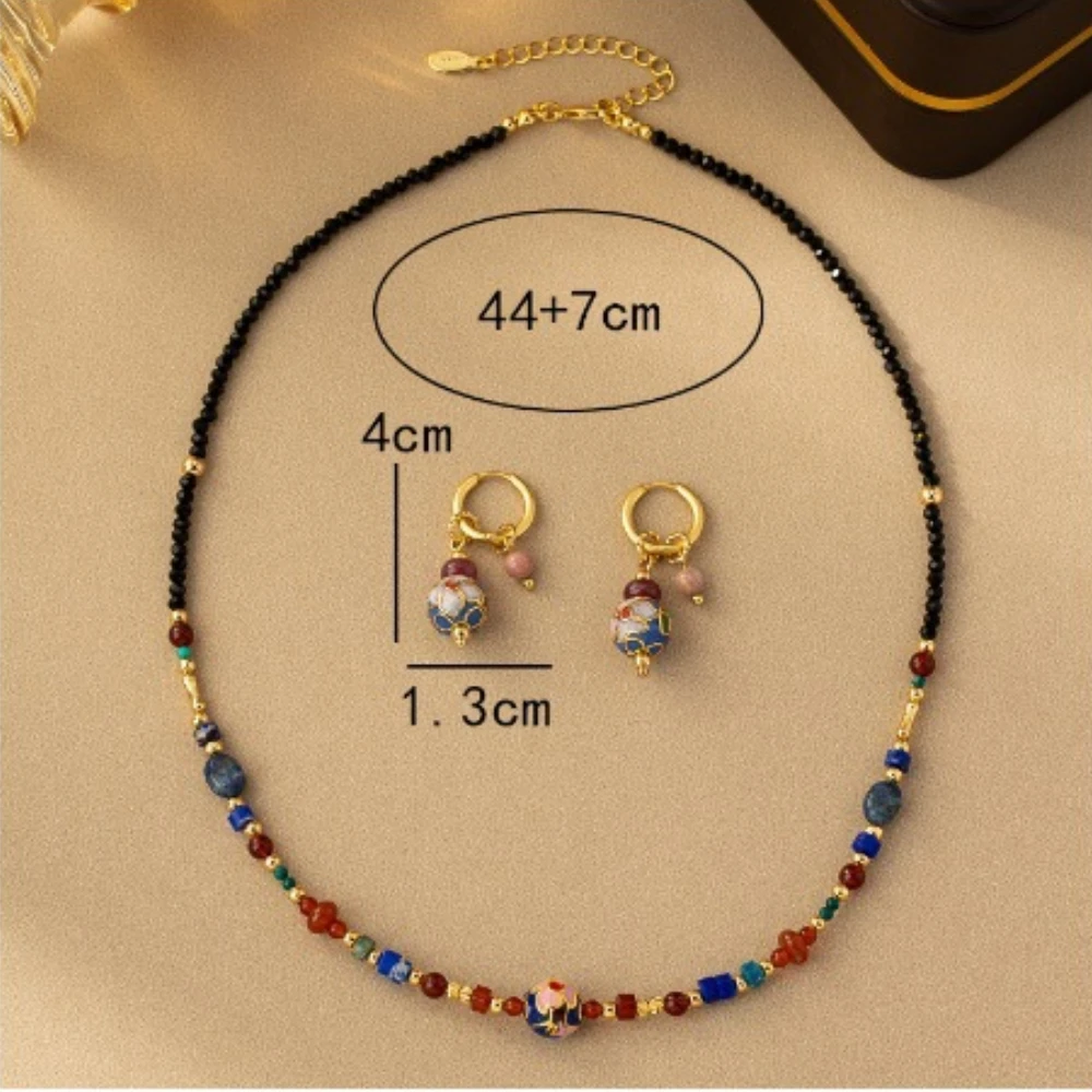 High Quality Chinese Ethnic Design Enamel Jewelry Set Gold Plated Brass Gemstone Beaded Earrings Necklace for Wedding Gift Women