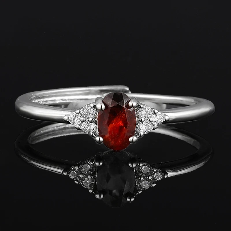 Natural Hetian Jasper Grey moonstone garnet Ring for Women Crystal Quartz Gemstone Adjustable cooper-plating silver ring