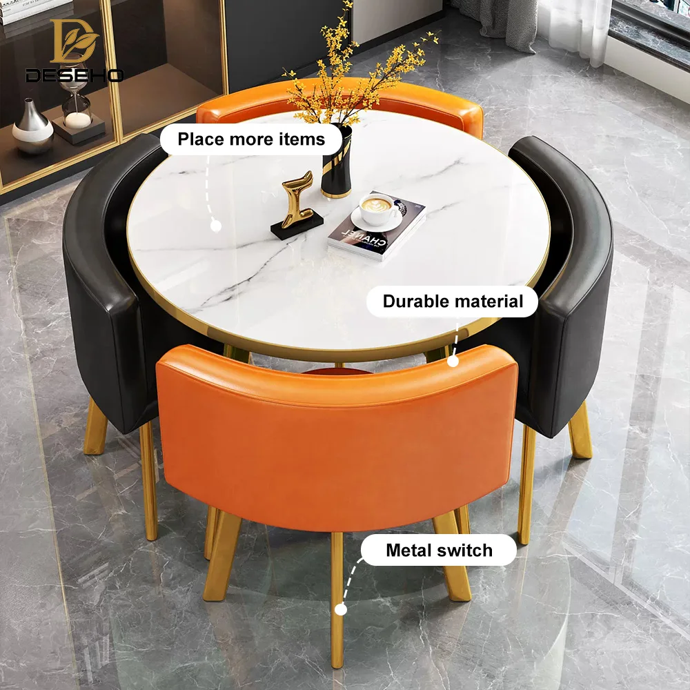 Gold Nordic Dining Table Set With Four Wood Seater Chairs Restaurant Home Dine Room Luxury Modern Marble Round Dining Tables