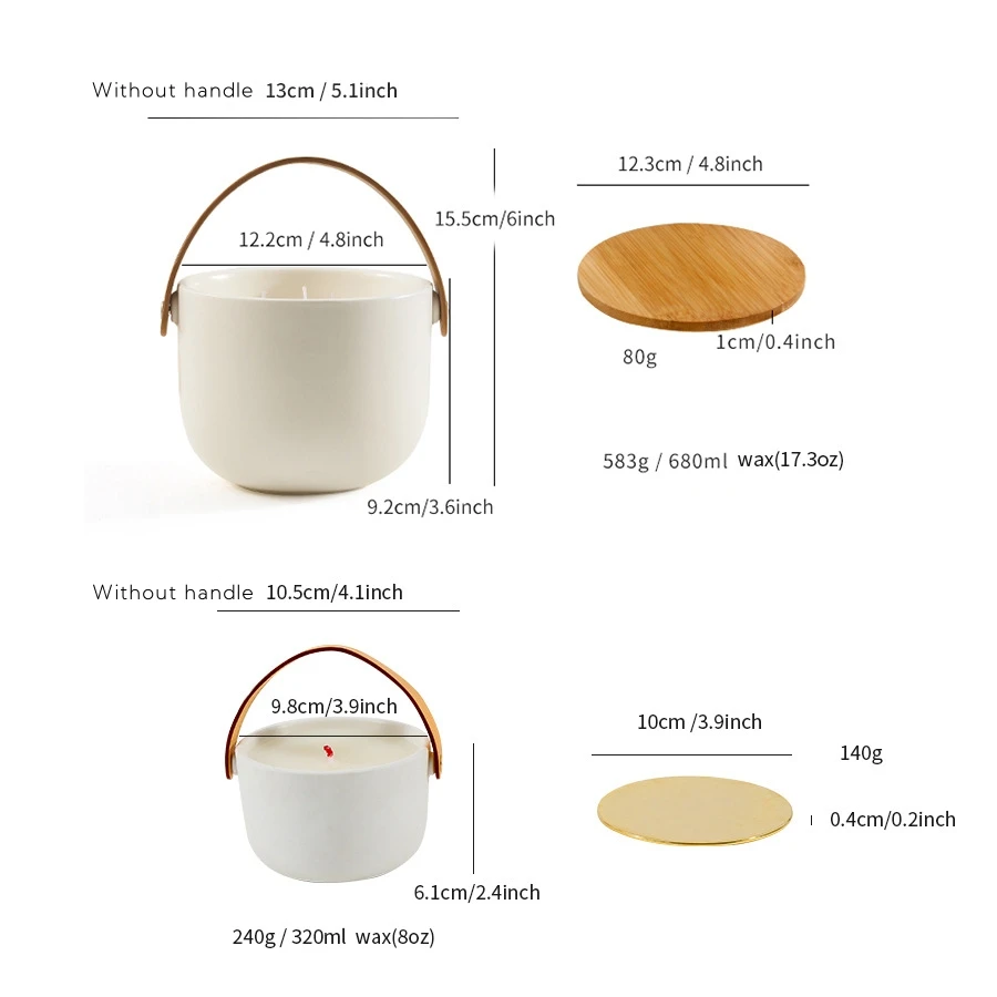 Wholesale Unique Ceramic Candle Jar with Leather Handle Nordic Custom White Luxury Ceramic Candle Vessels With Lid