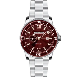 TIME TOKEN Luxury Stainless Steel Watch Men Calendar Clock Fashion Business Red Chronograph Men Mechanical Watch