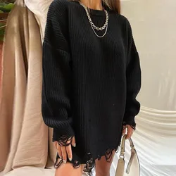 High quality knitted dress V Neck women loose long sleeve hollow pullover casual ladies crop mid length  sweater  dress