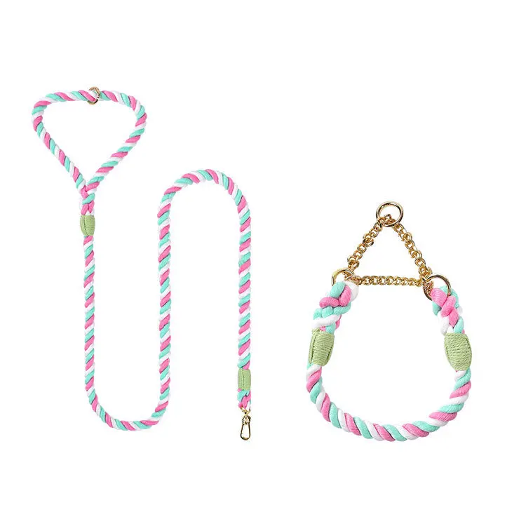 luxury popular fancy colors round cotton rope manual pet P chain collars leash set with metal buckle