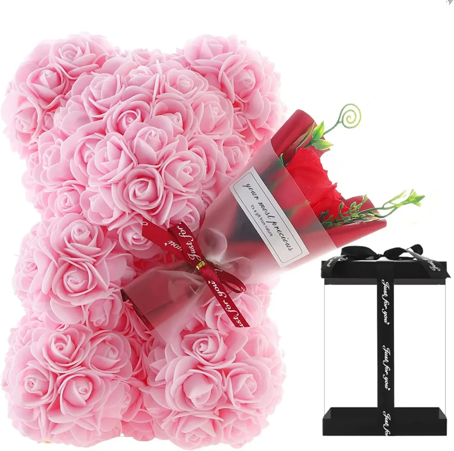 Customized handmade 25cm Rose Teddy Bear With Box, High Quality Artificial Flower Bouquet for Valentines, Wedding, Decoration