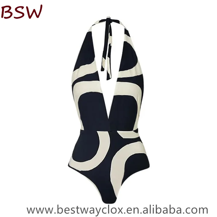 Bestway black and white print high waist deep V-neck stripping one piece Swimsuit with beach skirt halter swimwear bathing suits