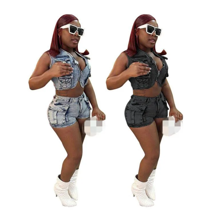 Spring Summer Sexy 2 Piece Shorts Set Denim Jeans Hollow Out Waistcoat Vest Shorts Set Suit Two Piece Short Set Women Clothing