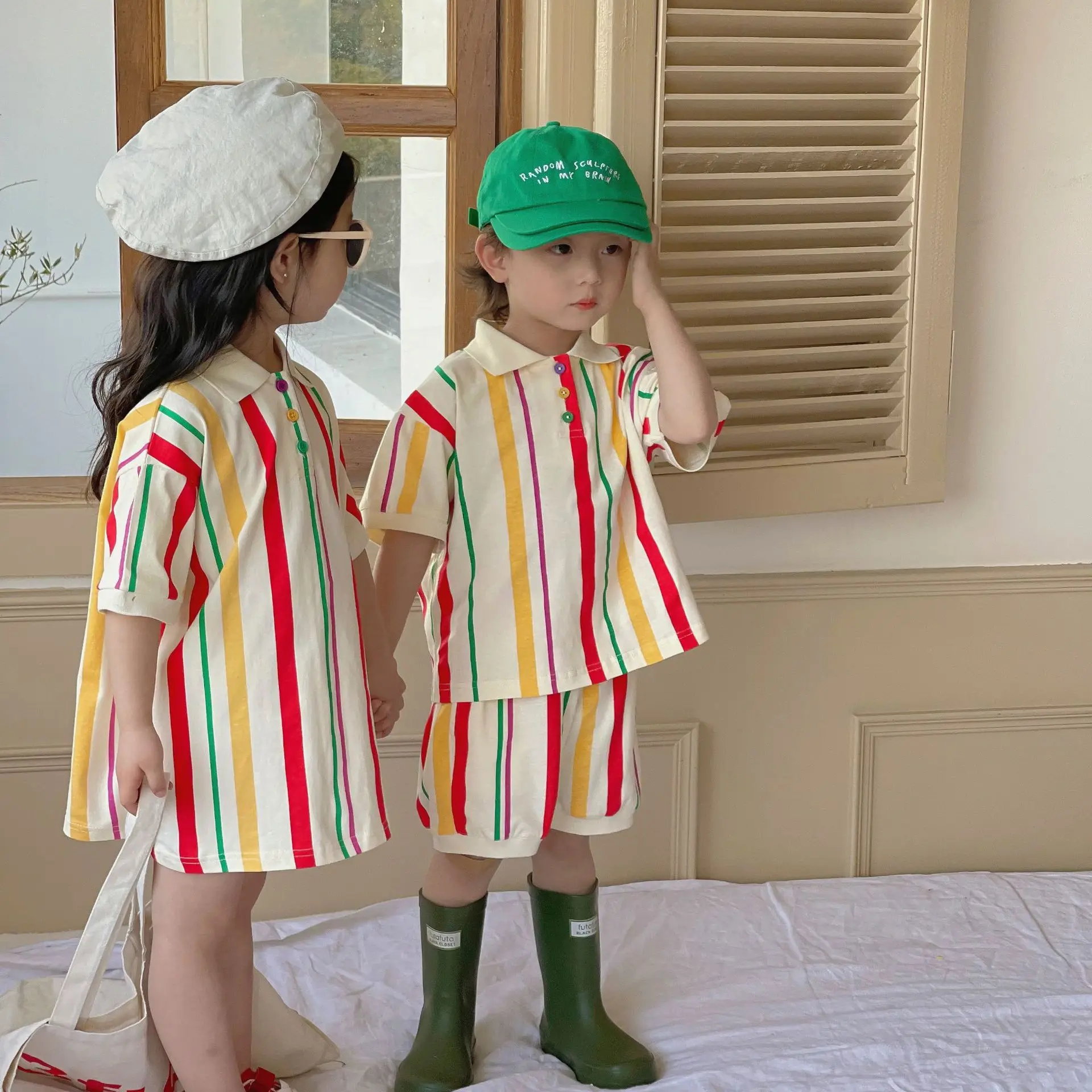 Children Boys Striped Polo Shirt And Cotton Shorts Summer Set Girl Brief Soft Breathable tee Dress For Baby Loose Dresses