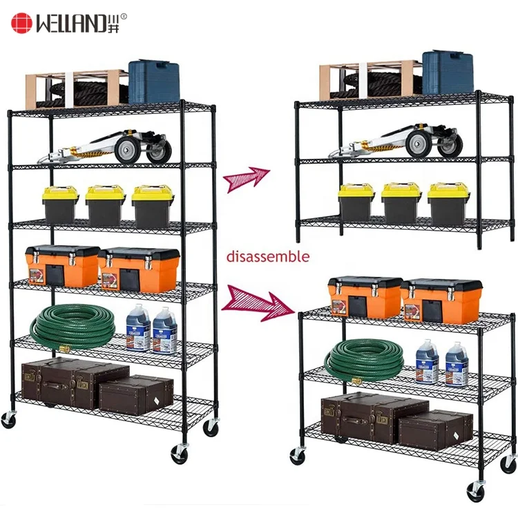 Hot Sale Commercial 6 Tier Epoxy Coating Black Heavy Duty Wire Shelving With Wheels