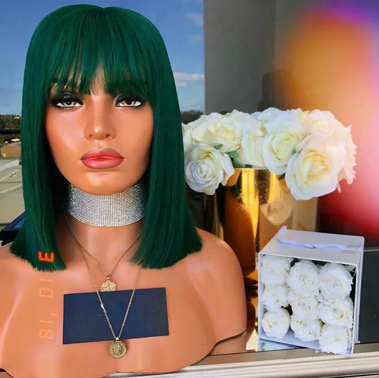 
Luxury SHY Hair 130% Density Green Color Brazilian Virgin Hair 12inch Bob Full Lace Wig With Bang For Black Women 