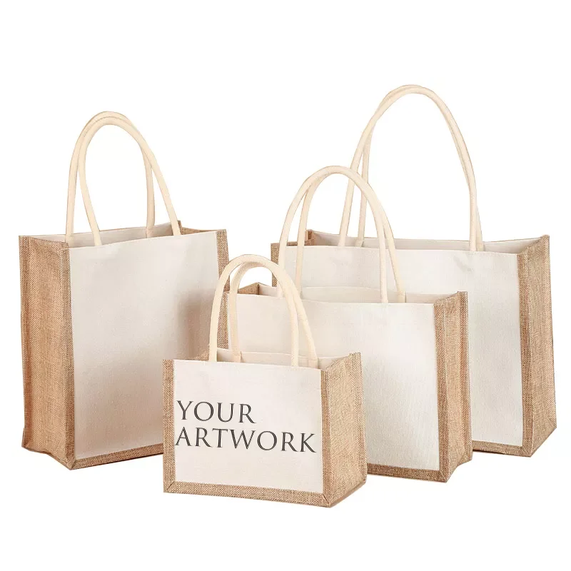 Burlap Bags Wholesale Eco-friendly Linen Burlap Gift Shopping Beach Jute Tote Bag With Logo Cotton Handle Custom Burlap Bags
