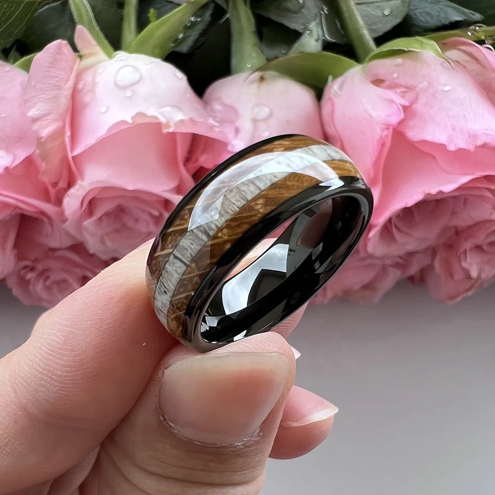 Coolstyle Jewelry 8mm Wholesale Domed Whisky Wood Deer Antler Inlay Engagement Wedding Band Black Tungsten Ring for Men Women