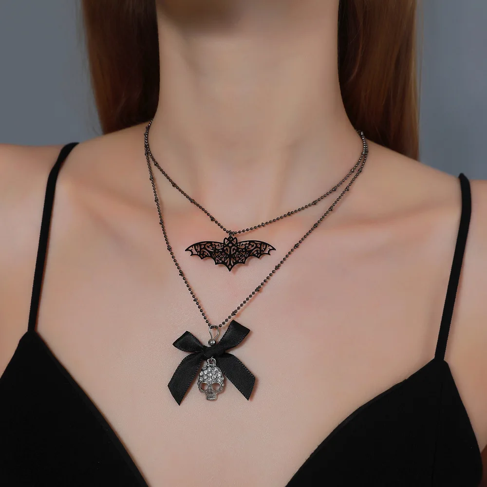 Halloween Ornament Gothic Dark Bat Rhinestone Skull Bow-knot Double layer Pendant Necklace Women