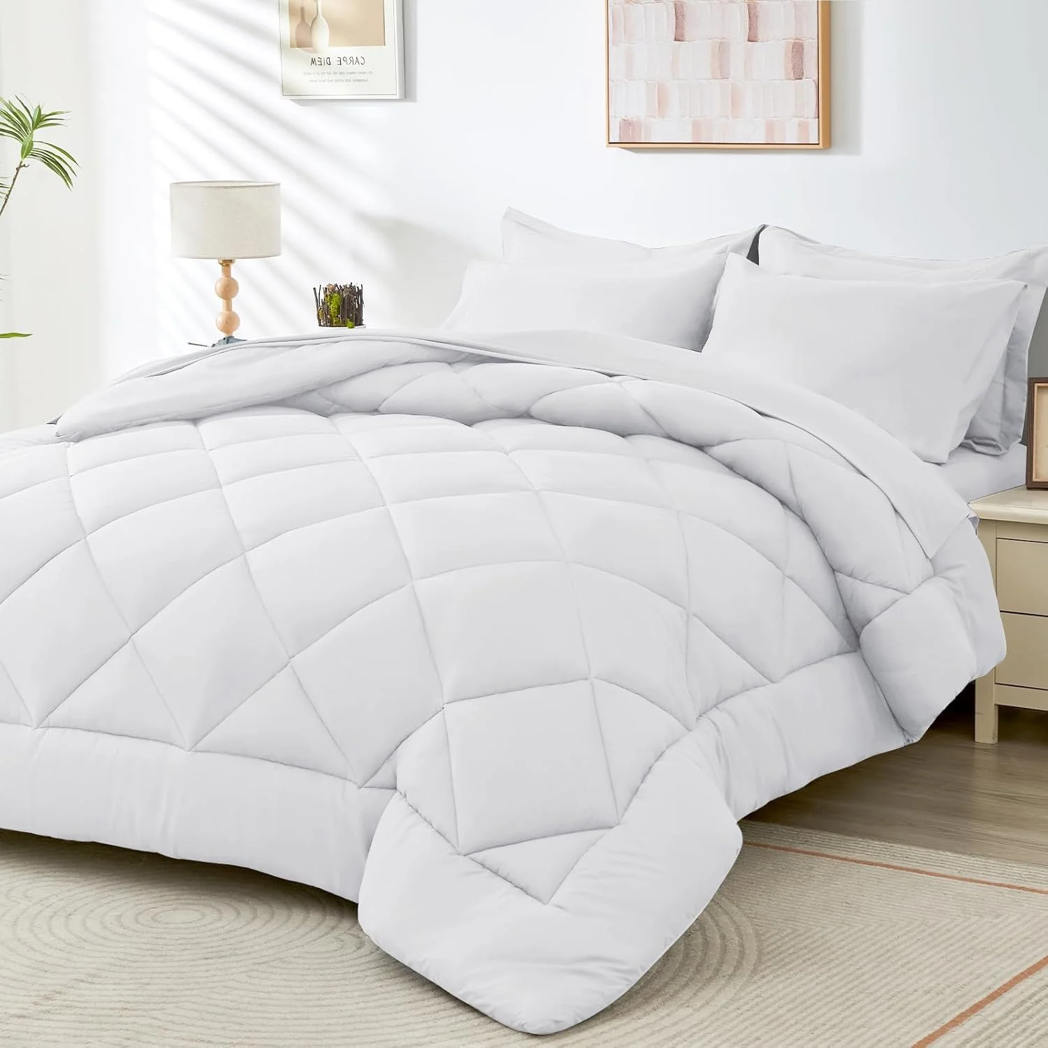 7 Pieces Comforter Set All Season Reversible Bed In A Bag Queen Ultra Soft Queen King Size Bedding Set With White Comforter