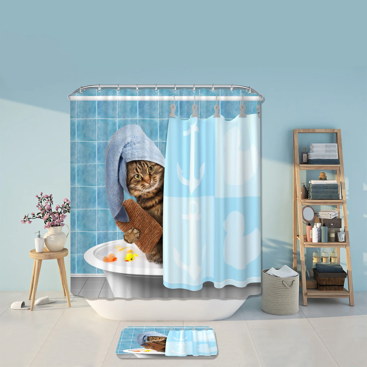 3d bathing cat  fabric  shower curtains and bath mat rug set  High quality  polyester cloth shower curtain