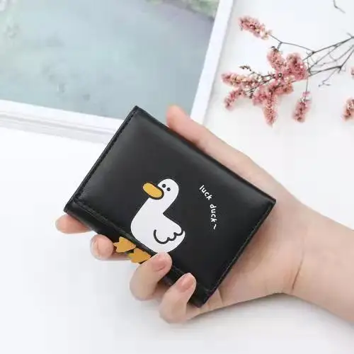 Multi-slot Three Fold Pack Luck Duck Short PU Wallet Lady Kids Cute Duck Printed Coin Purse with Magnet