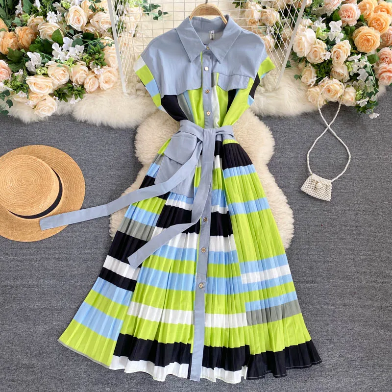 Women Pleated Blouses Dress Korean Sleeveless Single Breasted A-line Dresses Summer Elegant Fashion Streetwear Vestidos