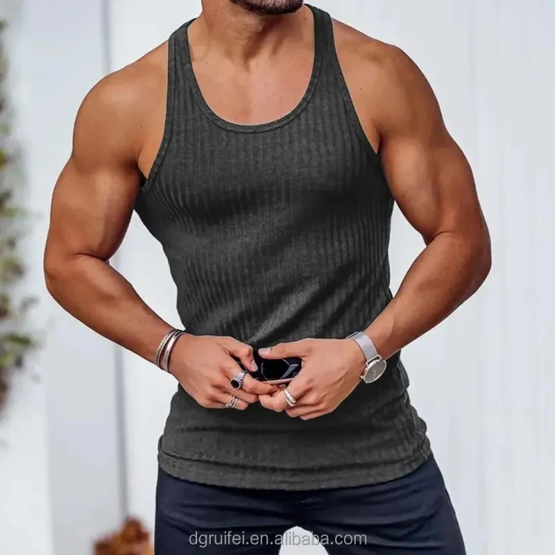 Summer streetwear custom printed high quality sustainable quare collar muscle fit 100% organic cotton ribbed tank top for men