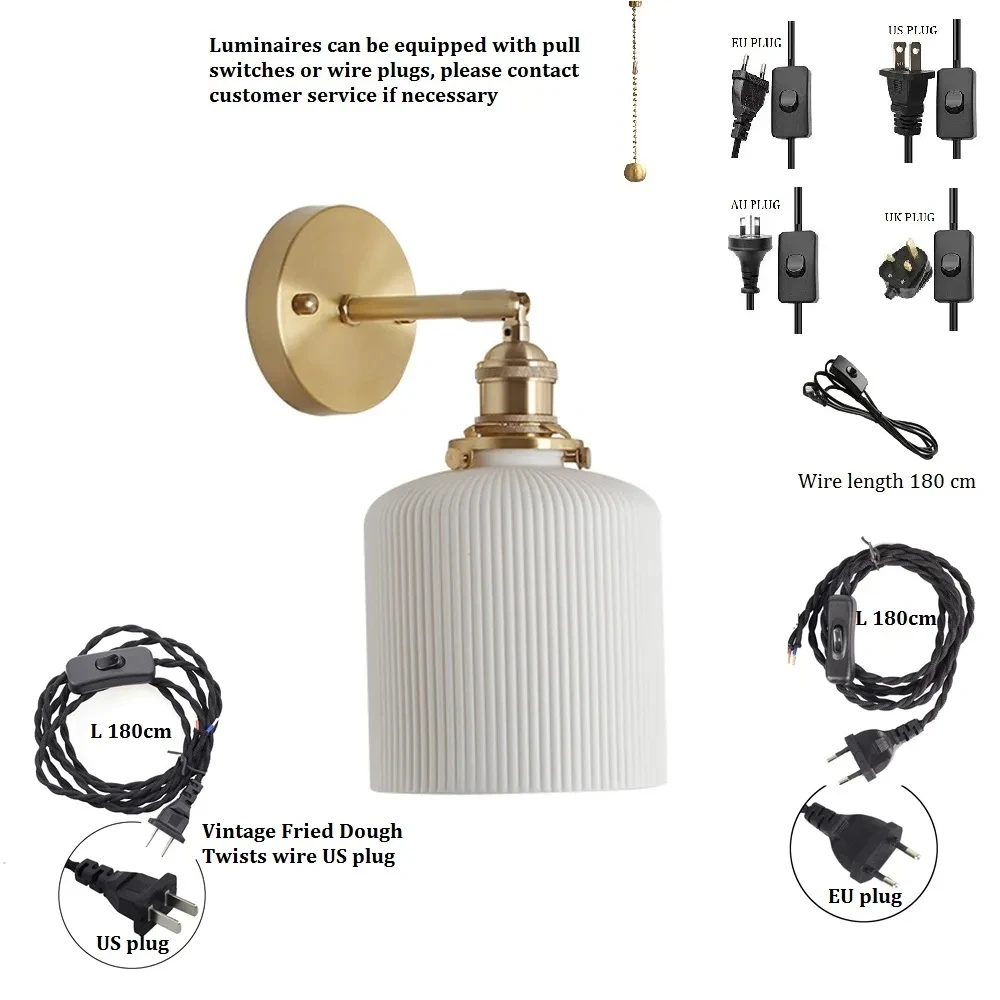 Brass Ceramic Lampshade Pull Wire Switch Swivel Sconce For Bedroom Bedside Wall Light Home Decoration Vintage Wall Lamp