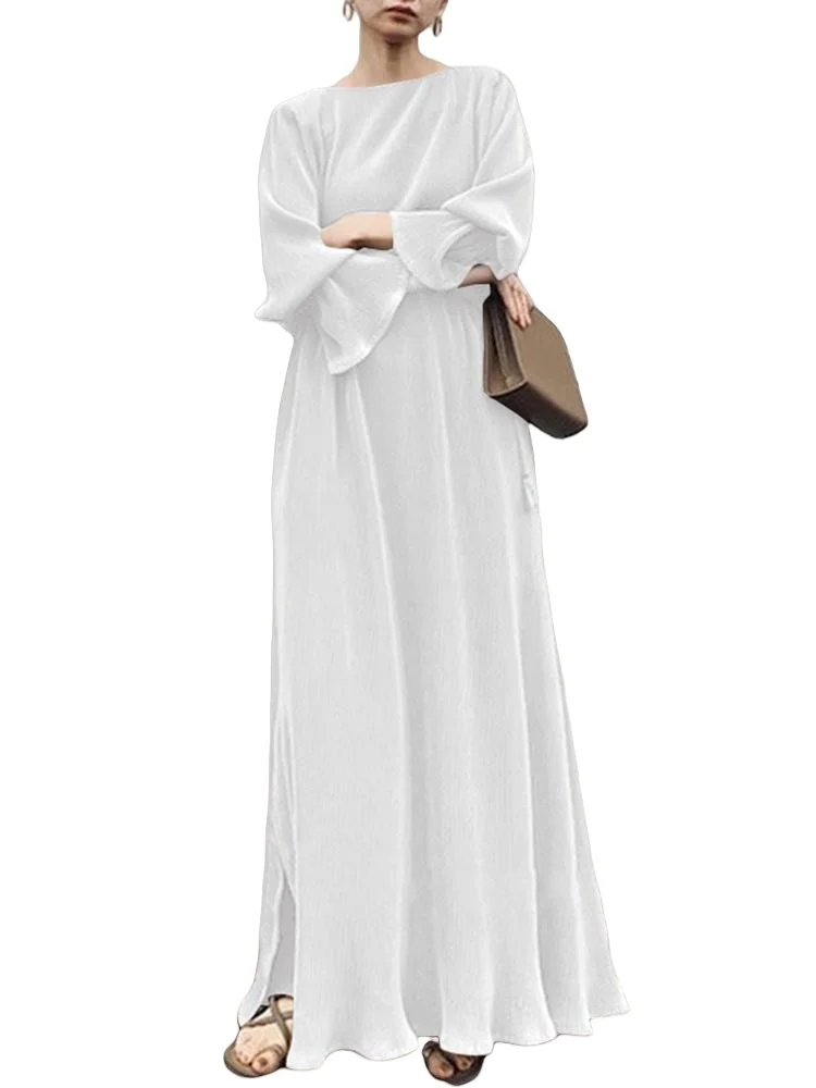 New Modest Satin Dress Vintage Style with belt flare Sleeve strips material Muslim Malaysia Indonesia Middle East cabaya