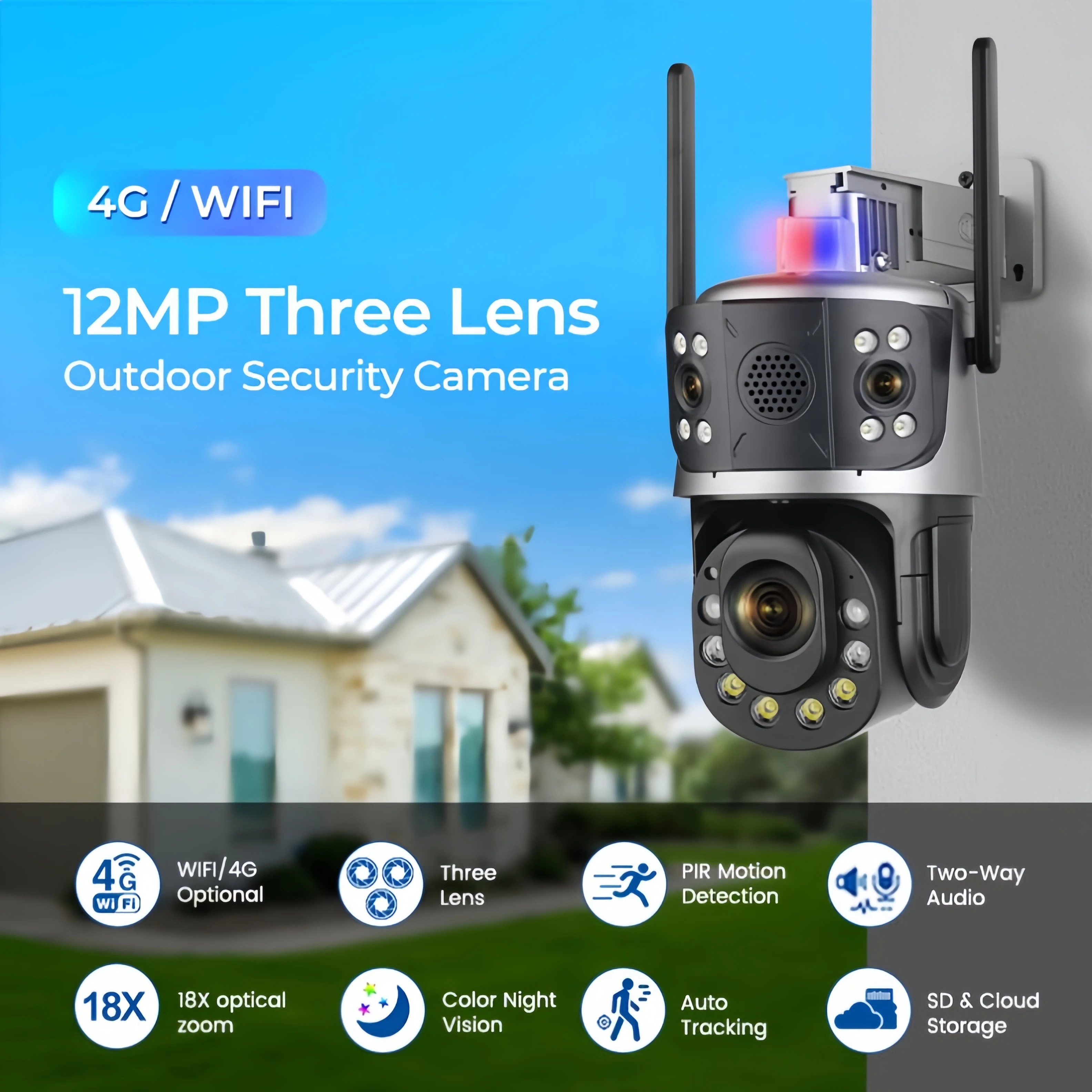iCsee 12MP 50X Optical Zoom Wireless WiFi 4G CCTV PTZ Camera Three Lens Outdoor Linkage Alarm Wifi  IP Security Camera