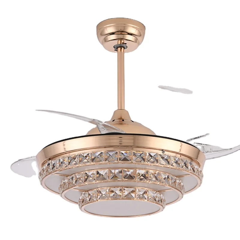 718 Crystal chandelier ceiling fans with light 42 inch 110v remote control retractable 220v lamp led luz con ventilador oculto