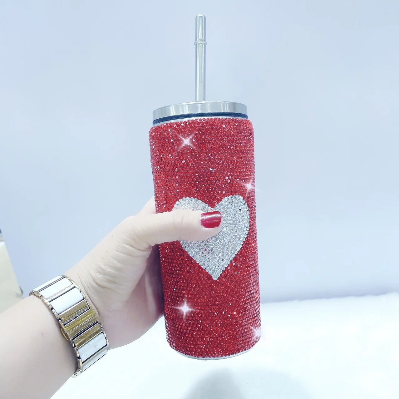 Luxury Fashionable Custom Drink Bottle New Bling Bling Rhinestone Drink Glass Stainless Steel Water Bottle With Straw