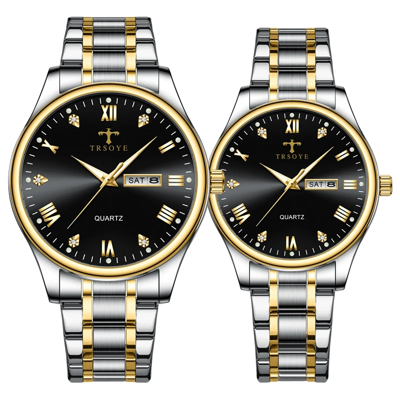 New Stainless Steel Band Mens Women quartz Wrist Luxury Gold Couple Watch for Set Lovers Brand Fashion Relojes-hombr Reloj Mujer