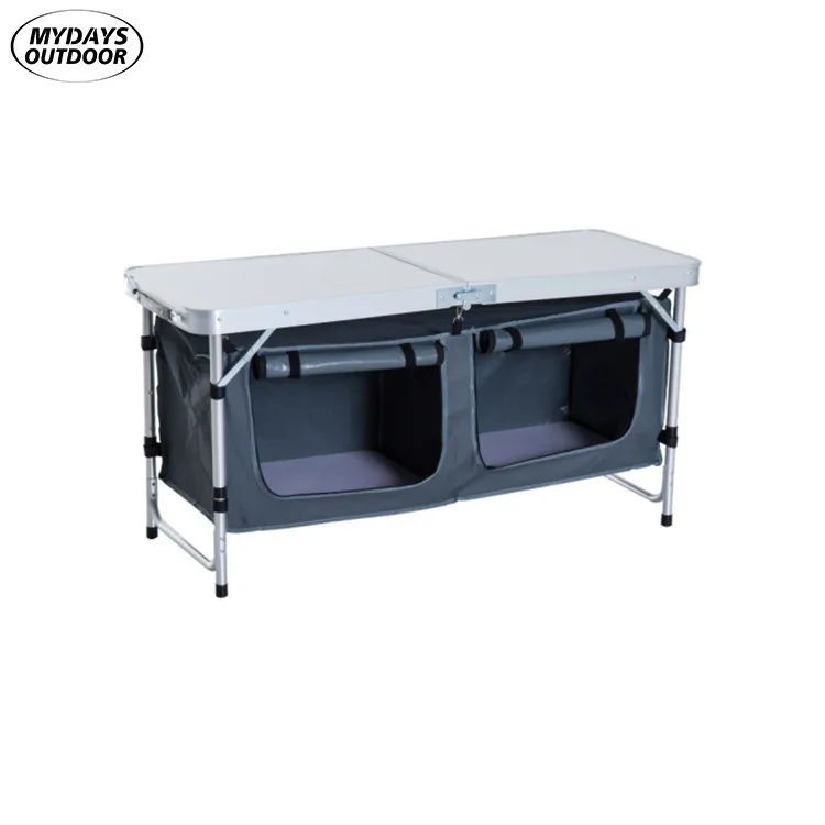 Mydays Outdoor Aluminum Lightweight Camp Kitchen Cupboard Folding Camping Table with Storage Compartment