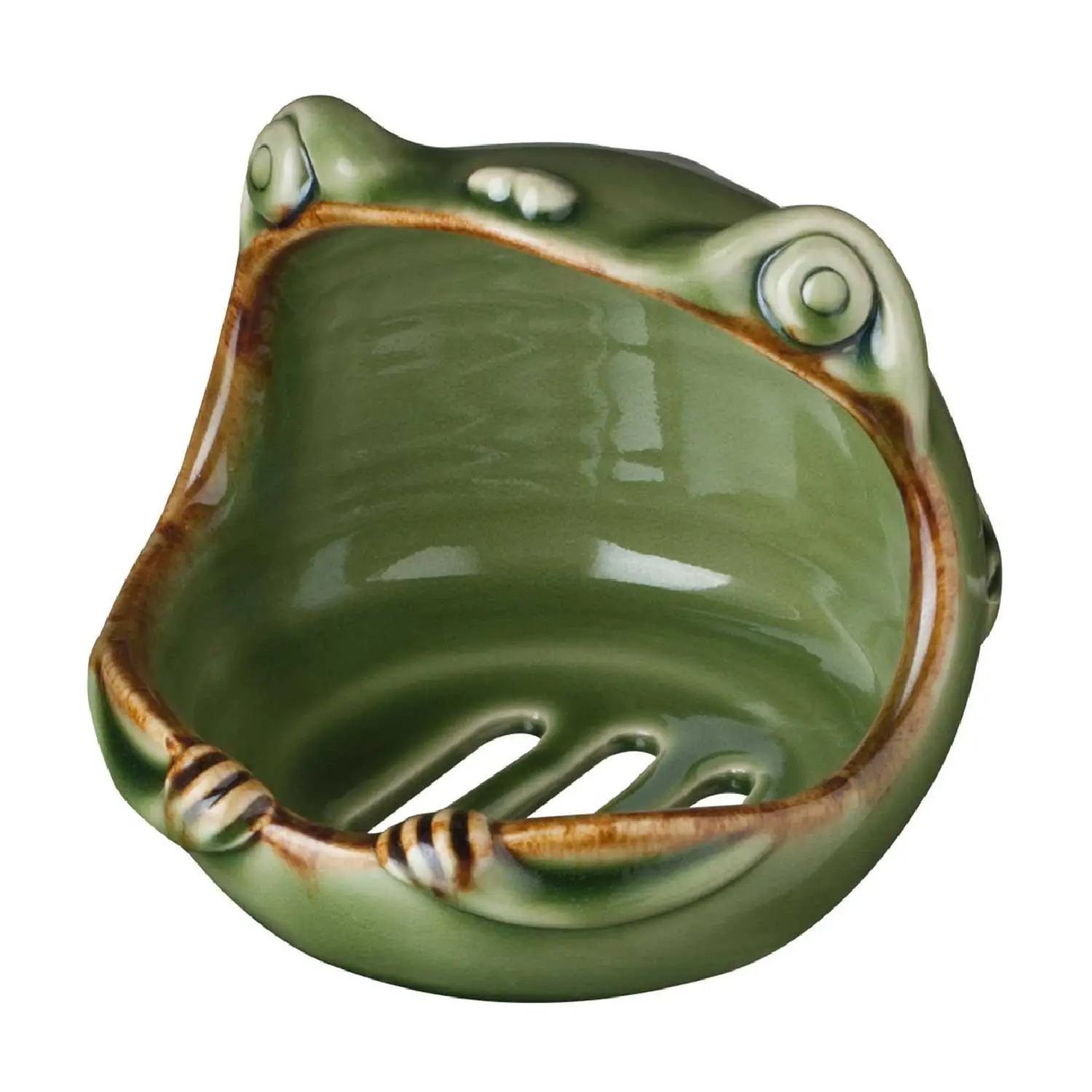Bathroom Accessory Green Glossy Ceramic Frog Soap Dish