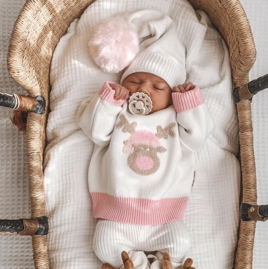 Newborn First Christmas Pink Pom Santa Beanie Oversized Long Knit Hat Perfect Headwear Accessory With Matching Booties Gift Set