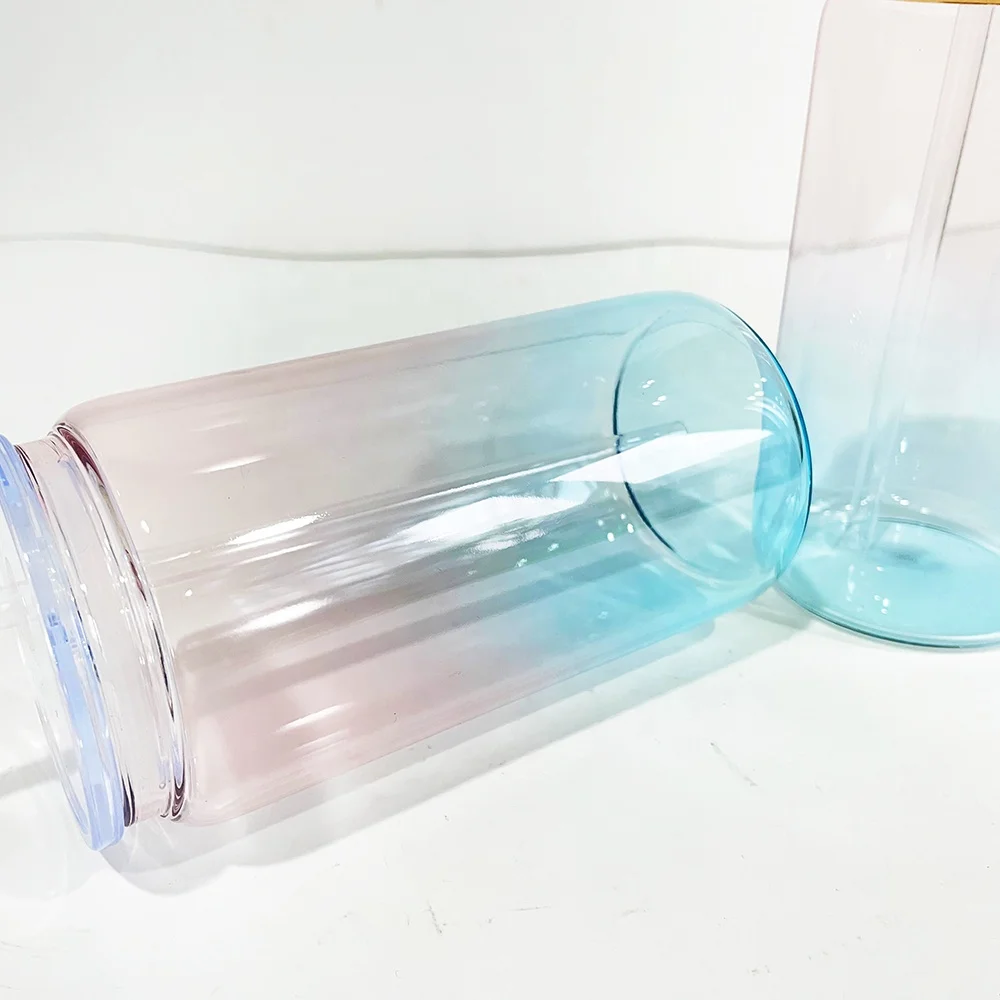 wholesale bulk 16oz ombre jelly crystal ocean glass can for UV DTF wraps 16oz glass mason jar